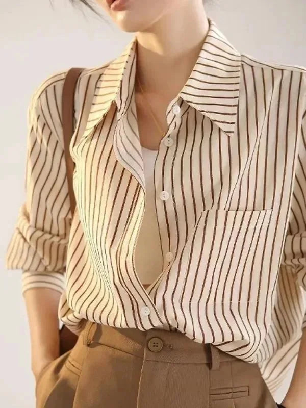 Women's Striped Shirt Casual Long Sleeve Fashion Outerwear Korean Style Spring Autumn New Arrival Elegant French Feel Top