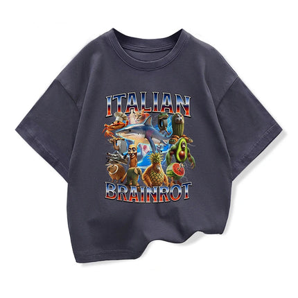 Kids Loose T-shirt Children's Summer Short Sleeved Tops With Funny Italian Brainrot Meme Graphic Boys Basic Pure Cotton Clothes