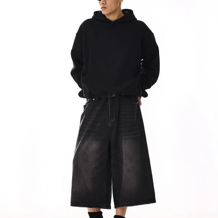 REDDACHiC Plus Size Men's Jeans Jorts Black Whiskers Cleanfit Wide Leg Casual Short Pants Hip Hop Skater Retro Summer Clothes