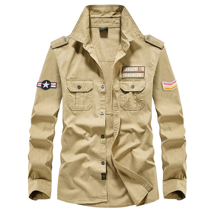 2025 New  Military Shirt Men Long Sleeve Casual Dress Shirt Male Cargo Work Shirts With Embroidery 115