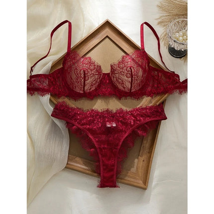 Ladies' Basic Style Thin Lace Bra and Panty Set Seamless Single Layer Eyelet Underwear Comfortable Intimate Apparel