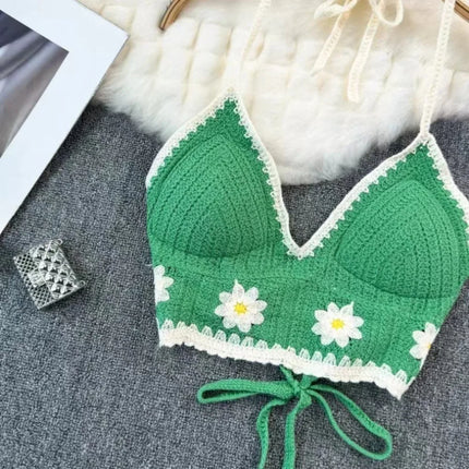 National Style Women's Swimwear Top with Chest Pads Bohemian Beach Wear Outfit Crochet Halter Neck Summer Sling Beach Vacation