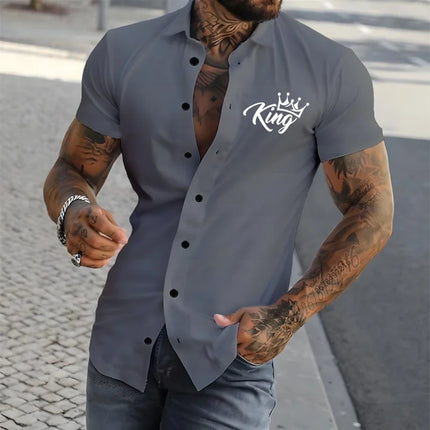 2026 New Men's Short-Sleeve Shirt, Stylish Crown Print Pattern, Slim Fit, Versatile, Simple Shirt, Multiple Colors Available