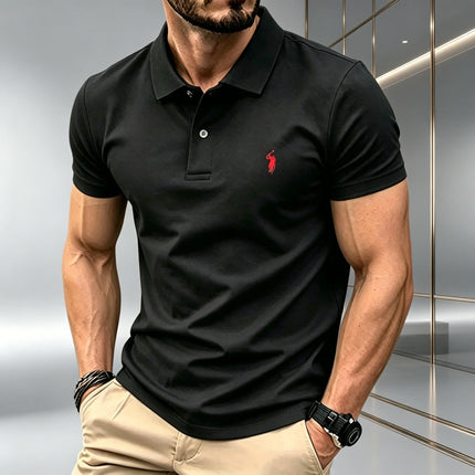 Men Solid Color Polo Shirt Regular Fit Business Casual Short Sleeve Tops With Small Horse Embroidery Chest Print