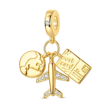 925 Sterling Silver Gold Travel-Themed Globe Airplane Postcard Pendant Charm Fit Original Charm Bracelets Women DIY Jewelry Gift
