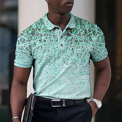 Summer Men's Polo Lapel Golf Shirt with Printed Geometric Pattern Fold