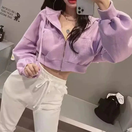 Autumn Winter Short Sweatshirt for Women Solid Hooded Sports Zipper Cropped Jacket Woman Fashion High Waist Loose-Fit Hoodies