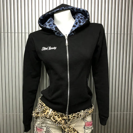 European And American Style Trend Simple Versatile Millennium Style Letter Print Blue Leopard Print Brim Zipper Hoodie Jacket