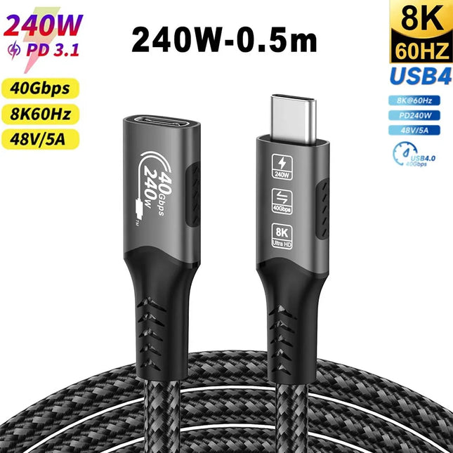 8K Type C Extension Cable Fast Charging Cable Extender Male to Female USB C 4 UHD Video 40Gbps 240W PD3.1 with Thunderbolt 4/3