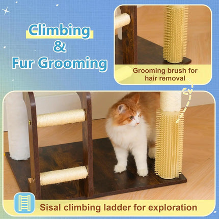 69.7" Wooden Cat Tree with Large Platforms, Hammocks, Condo, Scratching Posts, Ladder, Brush, Waterproof, Rustic Brown