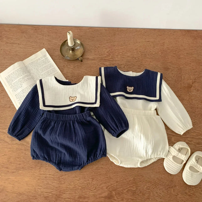 New In Autumn Kids Baby Girls Full Sleeve Naval Leader Bear Top T-shirts + Solid Shorts Toddler Infant Cotton Clothing Set 2pcs