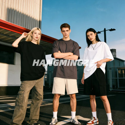 2026 New Summer Couple T-shirts Oversized Cotton T-Shirt Casual High Street Short Sleeves Tee Shirt Basic Solid Color Loose Tops