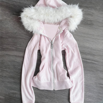 Millennial Y2K Vintage Spice Girl Slim Waist Pink Zipper Hooded Hoodie Jacket Female Autumn/Winter Design Sense Woolly Hat