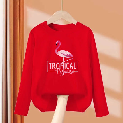 2024 New Flamingo Long-Sleeved T-shirt for Little Girls in Autumn, Round Neck Cotton Tops, Children's Fashion Tees, Ages 3-14