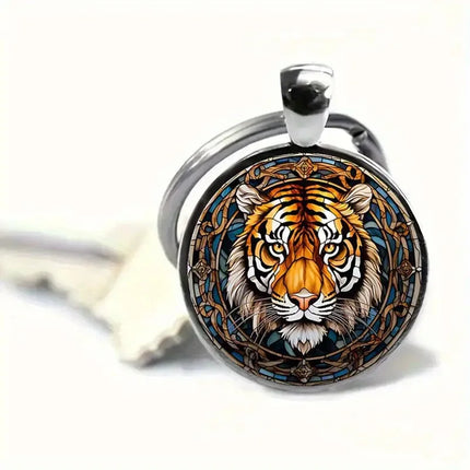 Stained Glass Style Tiger Head Round Keychain, Animal Pattern Glass Cabochon Metal Key Ring, Cool Wildlife Fashion Accessory Gift for Men