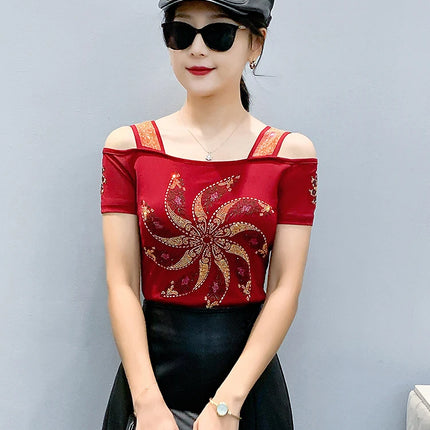 New Summer European Clothes Women's T-Shirts Luxury Butterfly Hot Diamonds Tees Sexy Streetwear Off-Shoulder Tops Shirt