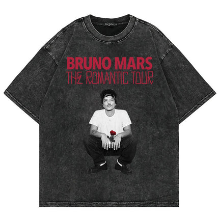 100% Cotton Vintage Washed Bruno Mars The Romantic Tour 2026 T Shirt Fashion Men Aesthetic Oversized Loose Acid Wash Tees Shirts