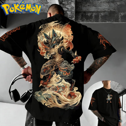 New Pokemon Cotton T Shirt with Lucario Back Print Blue Black Character and Flame Effects Design Loose Fit Men Women Casual