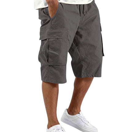 2026 Summer men loose straight pants Casual multi-pocket Shorts pure color fashion Men Shorts drawstring daily cargo short pants