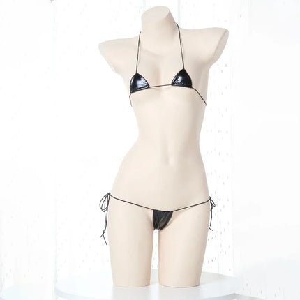 New Womens Sexy Lingerie Leather Bikini Bra G-string Wet Look Breathable Halter Lace-up Tight Fitting Uniform Set Ladies Bikini
