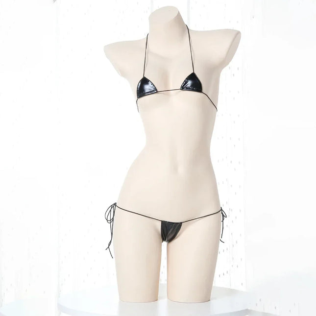 New Women's Sexy Lingerie Leather Bikini Bra G-string Wet Look Breathable Halter Lace-up Tight-Fitting Uniform Set Ladies Bikini