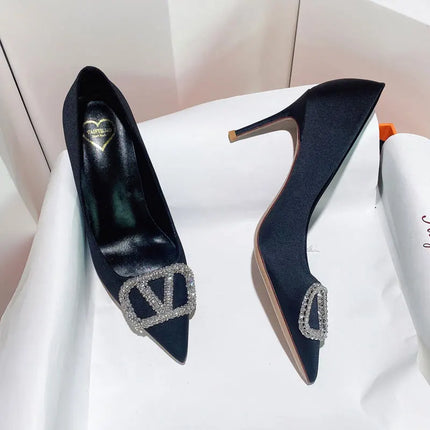 2025 New Women's Slim High-Heeled Pointed Toe Pumps with Rhinestone Buckle - Sexy Shallow-Cut Single Shoes
