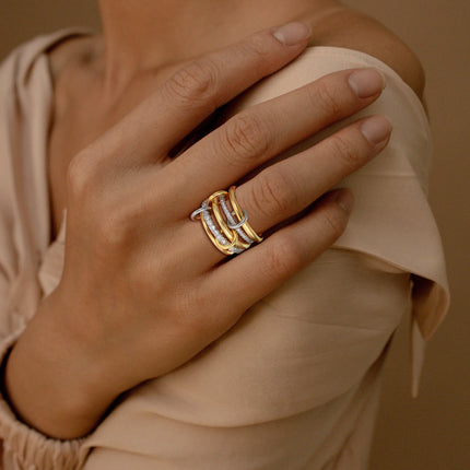 Luxury Cubic Zirconia Gold Plating Multilayer Connecting Rings for Women Fashion Mixed Color Stackable Finger Ring Party Jewelry