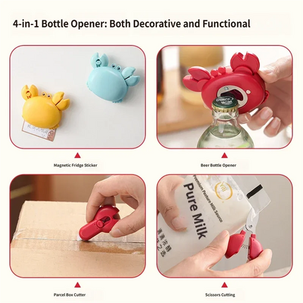 Crab Magnetic Bottle Opener 4-in-1 Kitchen Tool Set Beer Opener, Mini Scissors, Box Cutter, Fridge Magnet, Cute Cartoon Gadget