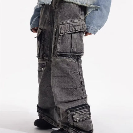 2025 Cyber Y2K Streetwear Washed Grey Baggy Cargo Jeans Pants For Men 90S Vintage Clothes Wide Leg Zipper Gothic Denim Trousers
