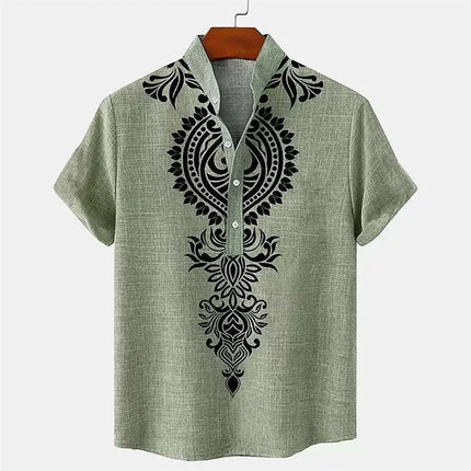 Men's shirt ethnic style 3D printing henley shirt, men's fashion button down collar short sleeve, high quality men's tops