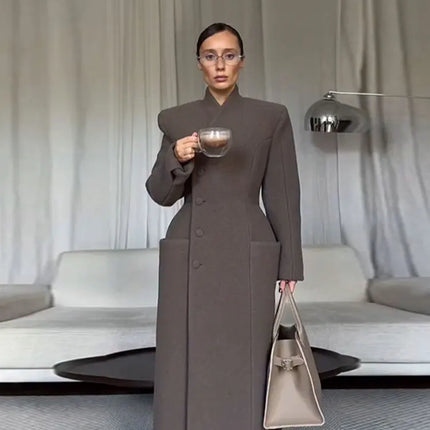 Women's Long Coat Slim V Neck Single Breasted Overcoats Shoulder Pad Maxi Jackets with Belt 2025 New Winter Lady Commute Outwear