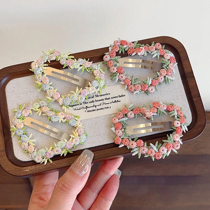 Sweet Flower Embroidery Hair Clips for Girl Love Heart Shaped Hairpins Princess Baby Barrettes Sided Clips Kids Hair Accessories