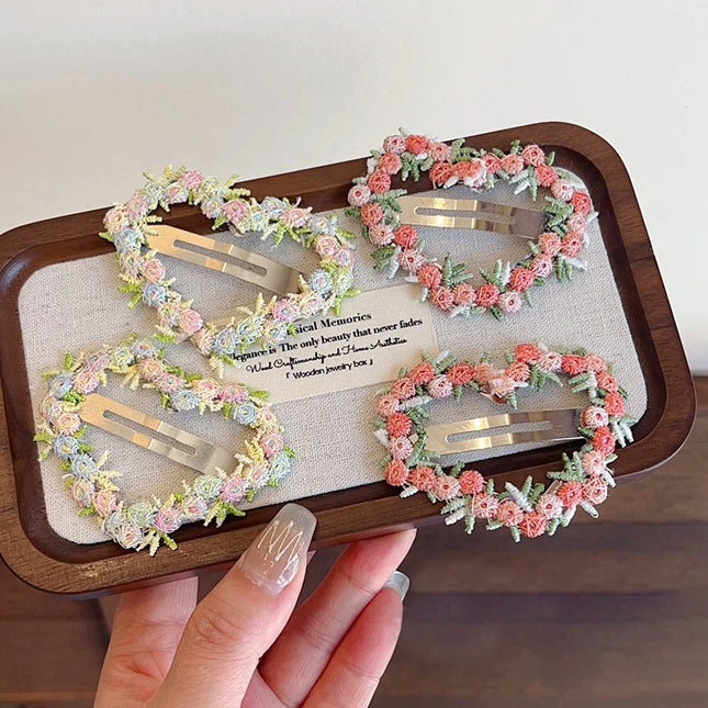 Sweet Flower Embroidery Hair Clips for Girl Love Heart Shaped Hairpins Princess Baby Barrettes Sided Clips Kids Hair Accessories