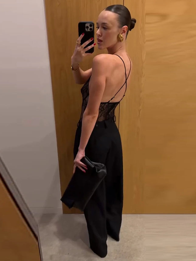 Sexy Lace Patchwork Jumpsuits For Women V Neck Sleeveless Backless High Waist Slim Jumpsuit 2026 Spring Fashion Lady Clothing
