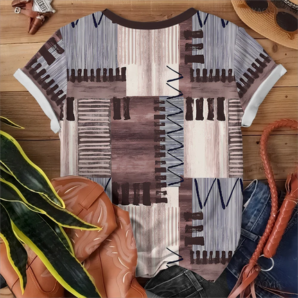 Abstract Brown And Beige Pattern Print Tee for Women – Modern Art-Inspired Casual Summer Short Sleeve Top