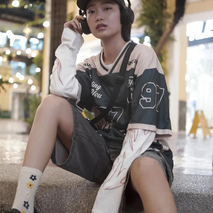 2026 New Women's Spring/Summer Y2K Fashion Casual Golden 97 Mesh Jersey Oversized Breathable Quick-Drying Sports T-shirt