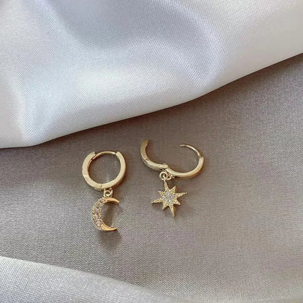 VENTFILLE 925 Sterling Silver CZ Star Moon Asymmetric Hoop Earrings for Women Girls Gold Silver Color Party Jewelry Gifts