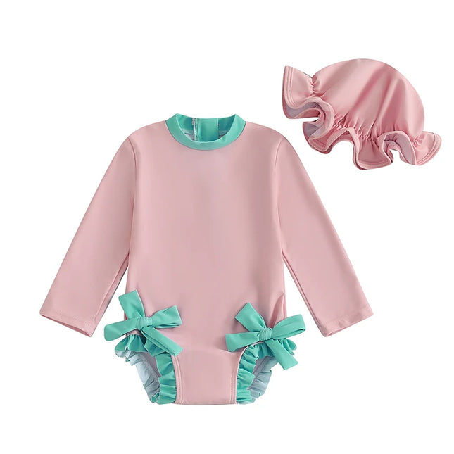 0-3Y Kids Baby Girl Rash Guard Swimsuits Lovely Bow Print Long Sleeve Ruffled Trim Romper Bathing Suit Infants Swimwear with Cap
