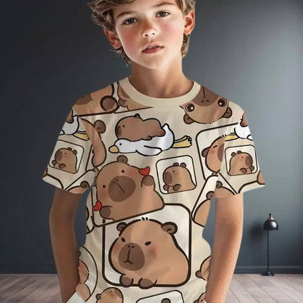 Cute Capybara Boy Clothes Cartoon Graphic Short Sleeve Tee Boy Child T-Shirt Summer Loose Top Fashion Kids Clothes Boys Clothing