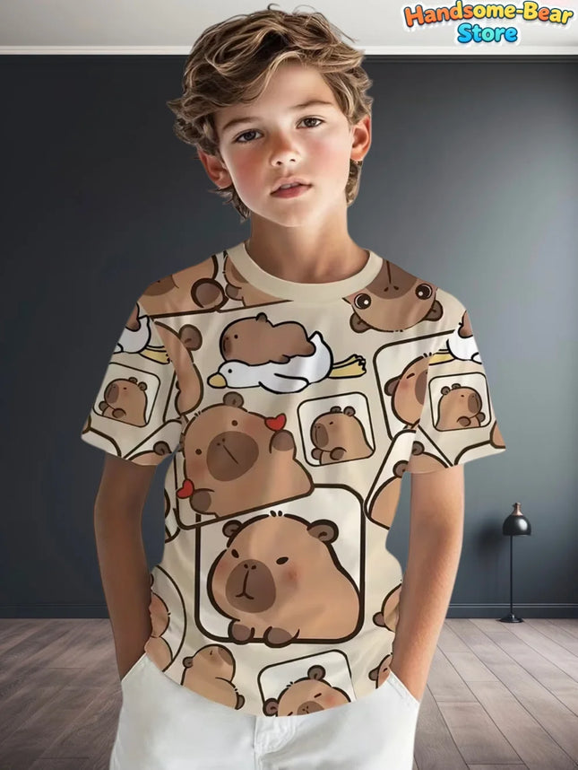 Cute Capybara Boy Clothes Cartoon Graphic Short Sleeve Tee Boy Child T-Shirt Summer Loose Top Fashion Kids Clothes Boys Clothing