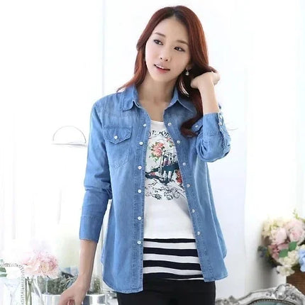 Slim Fit Cotton Denim Shirt Long Sleeve Women's Spring Autumn Summer Student Professional Outerwear Fashionable Casual Top