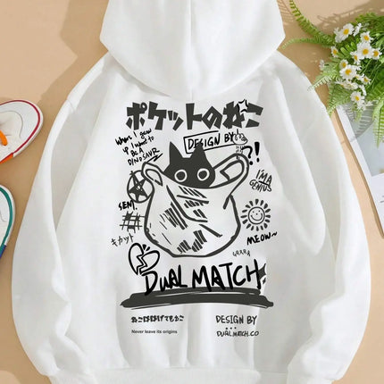 Cute Cat Cartoon Printed Sweatshirt Women Harajuku Casual Loose Hooded Fashion Soft Pocket Hoodies Autumn Warm Female Clothes