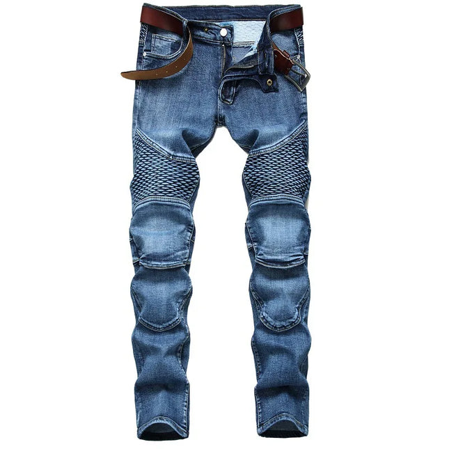 2025 New European and American style jeans, men's Amazon riding knee pads, retro motorcycle jeans, slim-fit trendy men's jeans