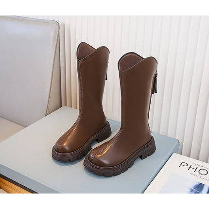 Children Knee Length Boots New 2025 Autumn Student Girls Princess Boots Kids Zipper Comfortable Non Slip Solid Color Long Boots