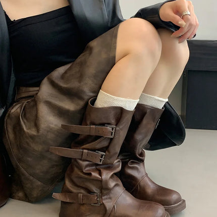 Autumn Winter Vintage Woman Knight Knee High Boots Shoes Ladies Elegant Thick Low Heel Belt Buckle Western Cowboy Botas