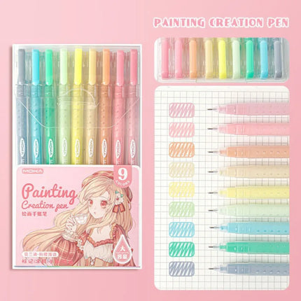 9-Colors Highlighter Set Watercolor Pen Scrapbook Marker Pen Drawing Painting Graffiti Colour Pen Art Stationery
