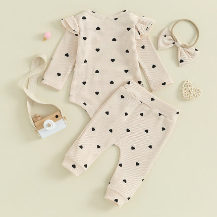 Pudcoco Infant Newborn Baby Girls 3Pcs Fall Outfits Long Sleeve Heart Print Romper + Pants + Headband Set Clothes 0-18M