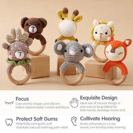 Set of 5 Handmade Crochet Animal Rattles Natural Beech Wood Rings Built in Bell Crisp Sound Teething Fine Motor Skills Baby Gift
