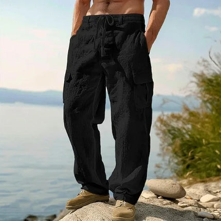 2026 Summer Men'S Cotton And Linen Pants Multiple Pockets Breathable Loose Drawstring Straight Leg Pants Sports And Casual Pants