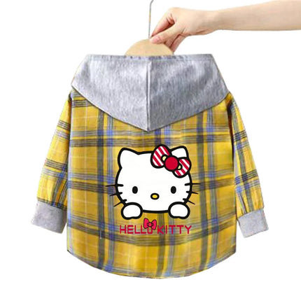 Spring and Autumn Children's Sanrio Cinnamoroll Shirts 1-12 Year Girls Checkered Hooded Blouse Fashion Cartoon Shirt Sweater